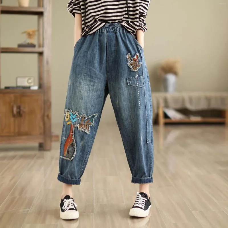 Jeans femminile aricaca di alta qualità donne m-xl patch retrò ricamato in vita sciolto