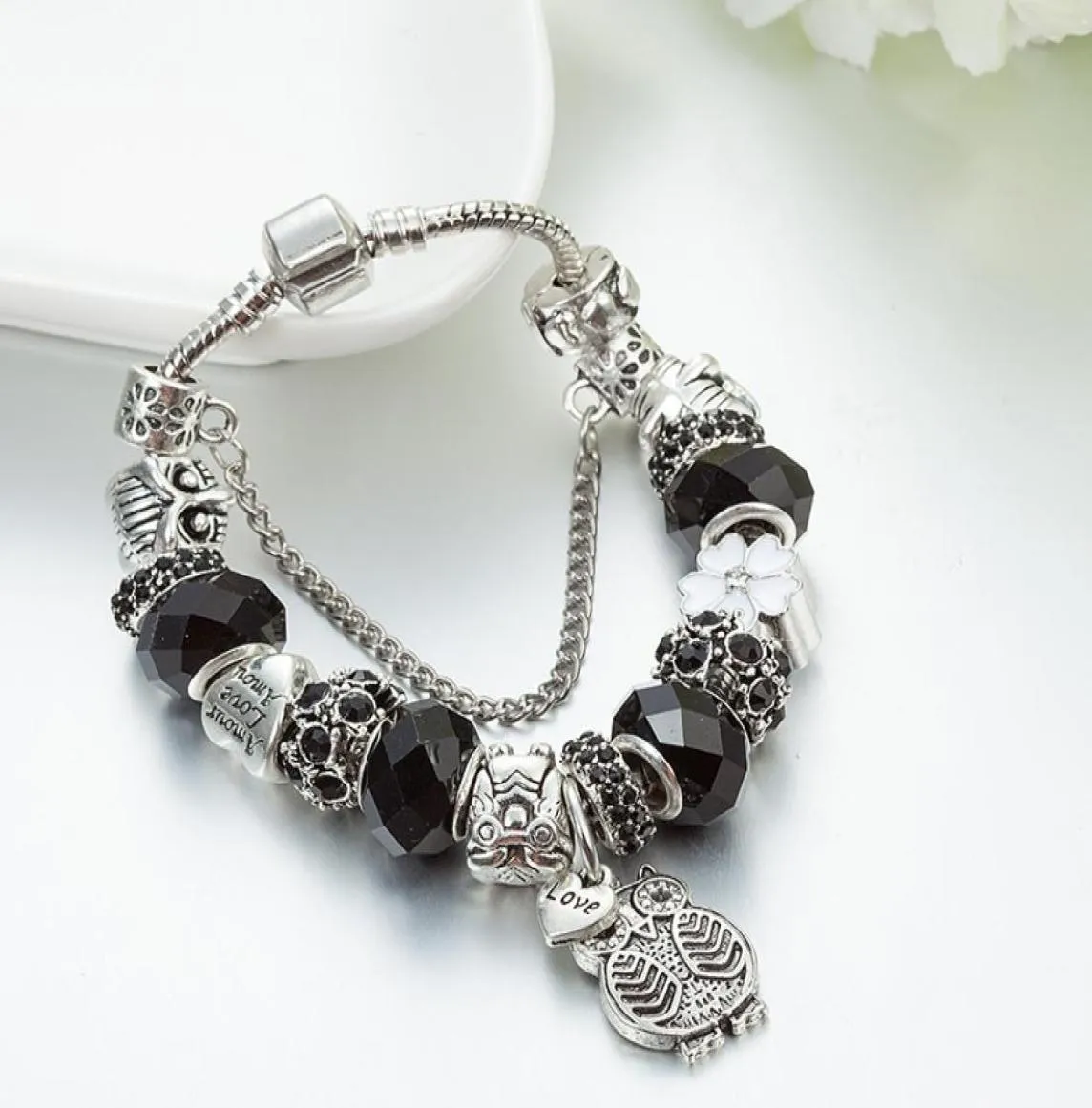 Strons Charm 925 Bracelet en argent Black Perles, hiboux et fleurs de bricolage pour les charmes des femmes4957688