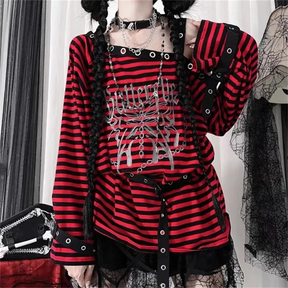Harajuku Punk Striped Polyester Broadcloth Tee for Women Loose Fit