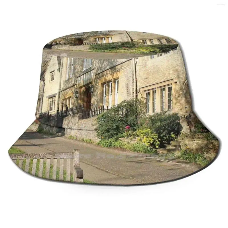 Berets Burford Bench Foldable Bucket Hat Cap Memorial Cottages Bur Ox Shire Cotswold Cotswolds Stone Terrace