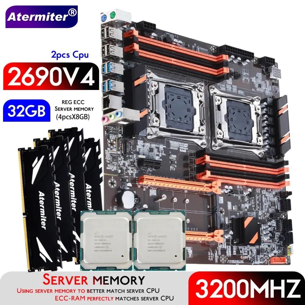 Cartes mères ATtermiter Dual X99 Carte mère avec LGA 20113 Xeon E5 2690 V4 * 2 CPU avec 4pcsx8gb = 32 Go DDR4 3200MHz Kit combinée de mémoire du serveur de serveur