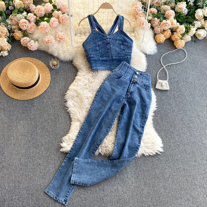 Dames uit schouderspaghetti -band camisole tops en hoge taille jean wijd been broek sexy twee stuks pakken Summer Fashion 240412