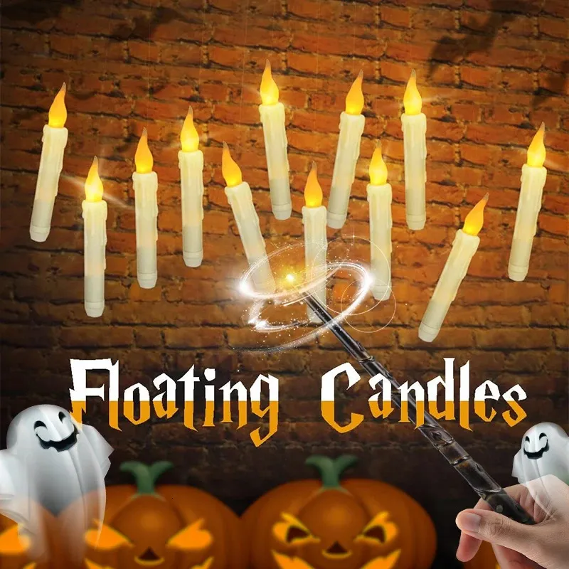 122436PCS Halloween drijvende kaarsen met magische toverstok afstandsbediening Led Flameless Flickering Candle Home Hanging Light 240412