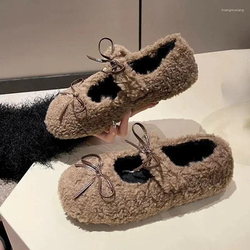 Casual Shoes 2024Winter Round Head Solid Color Bow Fashion Flat Bottom Women's Buckle Shallow Mouth Plush Warm