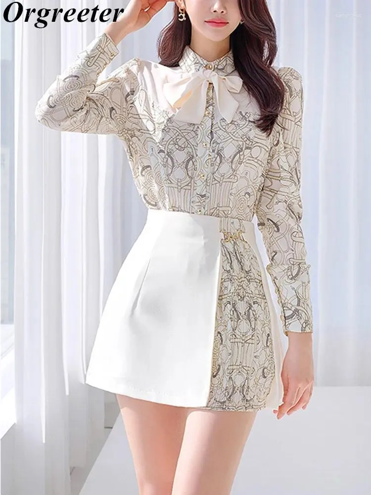 Work Dresses Fashion Vintage Printting Women's Two-piece Set Casual LongSleeve Lace Up Shirt Blouse Patchwork Pleated Mini Skirt Suits