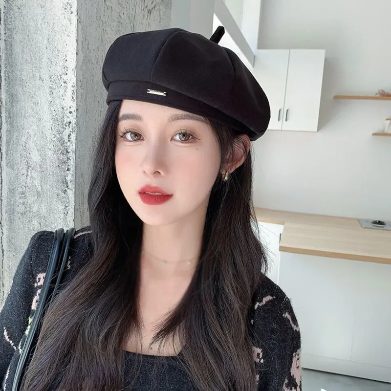 Beret Korean Korean Style Wool Beret For Women Classic Black