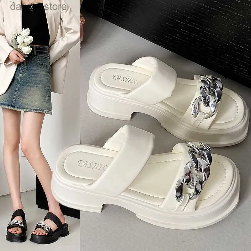 Slippers Thick soled sponge cake fashionable casual sandals for women 2023 summer new style versatile external wear one line middle heel half slippers H240412