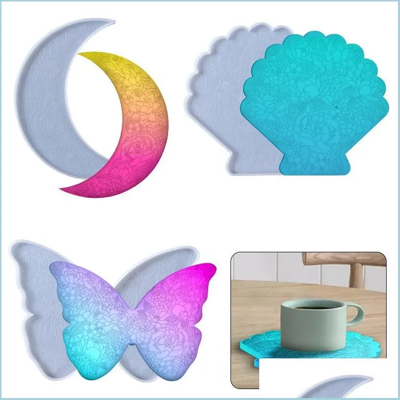 Molds Resin Moon Shell Butterfly Shape Sile Handmade Coaster Crescent Epoxy Craft Decor Mod Drop Delivery Jewelry Tools Equipment Dhpbs