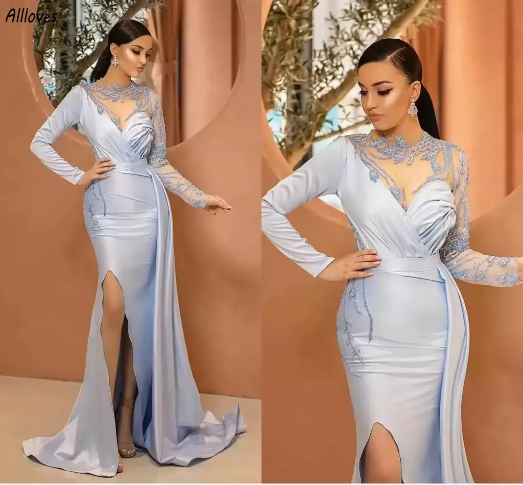 Elegante satijnen lange mouwen prom-avondjurken prachtige kralen kant o-neck dames formele feestjurken sexy split mermaid overkirts aso ebi vestidos de fiesta cl3485