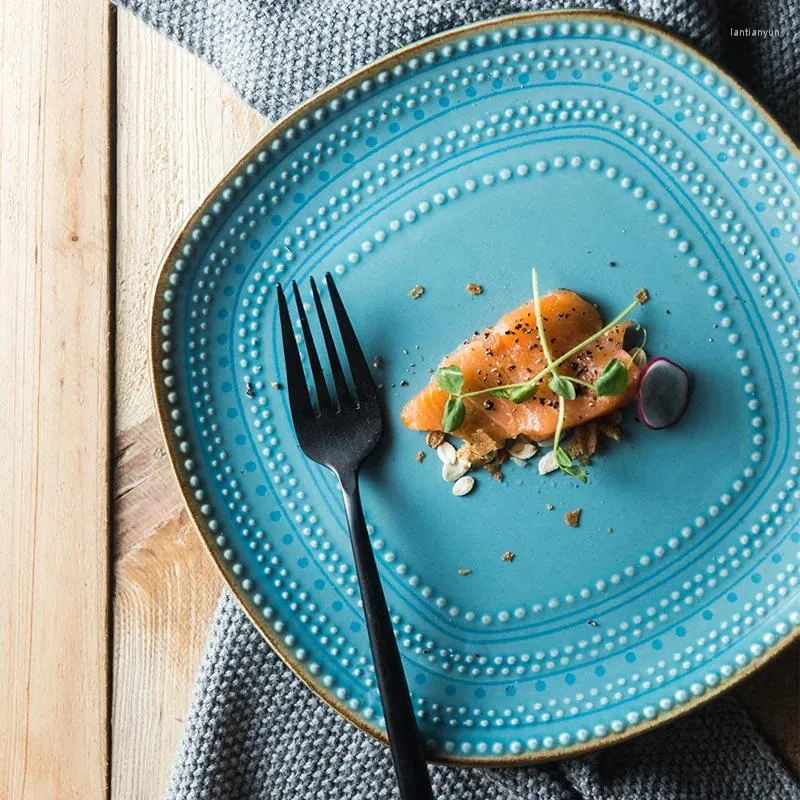 Płytki Blue Platter Ceramics Glaze w dół kolorowy sałatka warzywna biała kropka płyta europejska zwięzła gospodarstwo domowe małe stek