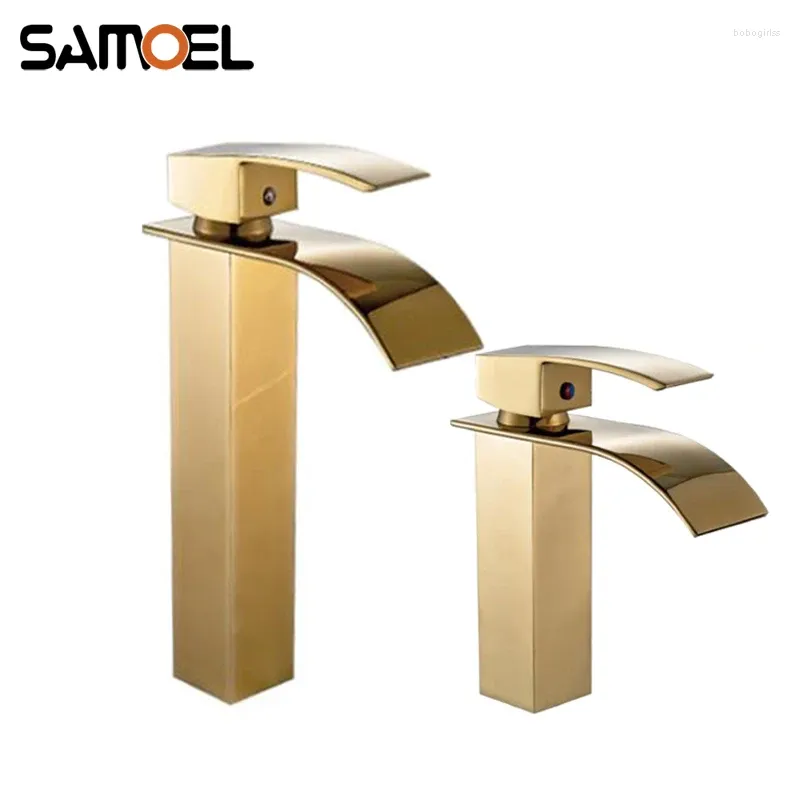 Bathroom Sink Faucets Economic Brass Gold Faucet Single Hole Deck Mounted Golden Square Basin Water Mixer Tap Torneira Banheiro G1085