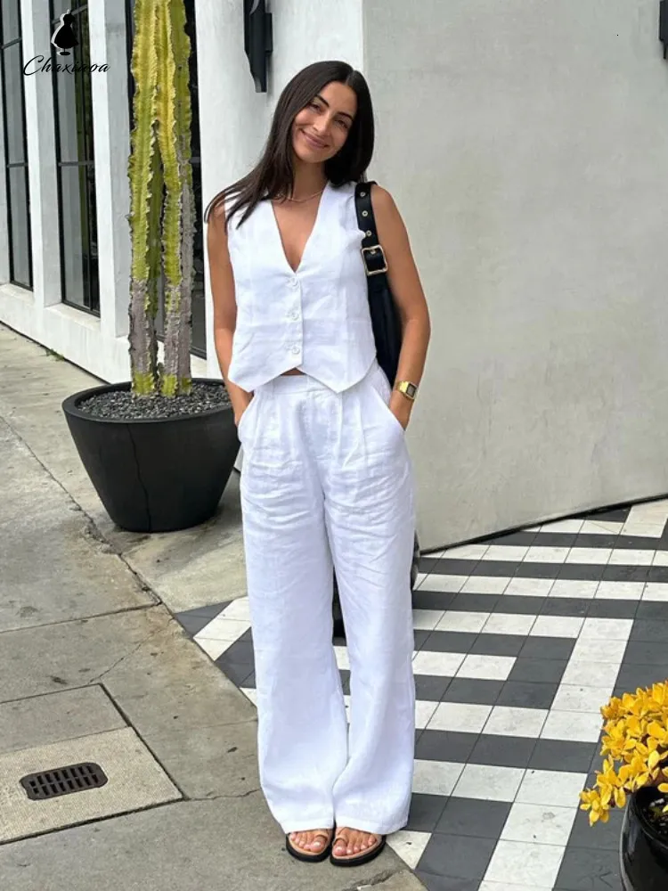 CHAXIAOA Summer White Linen Two Piece Set For Women Fashion Sleeveless Tank Top In Matching High Waist Wide Pants 240412