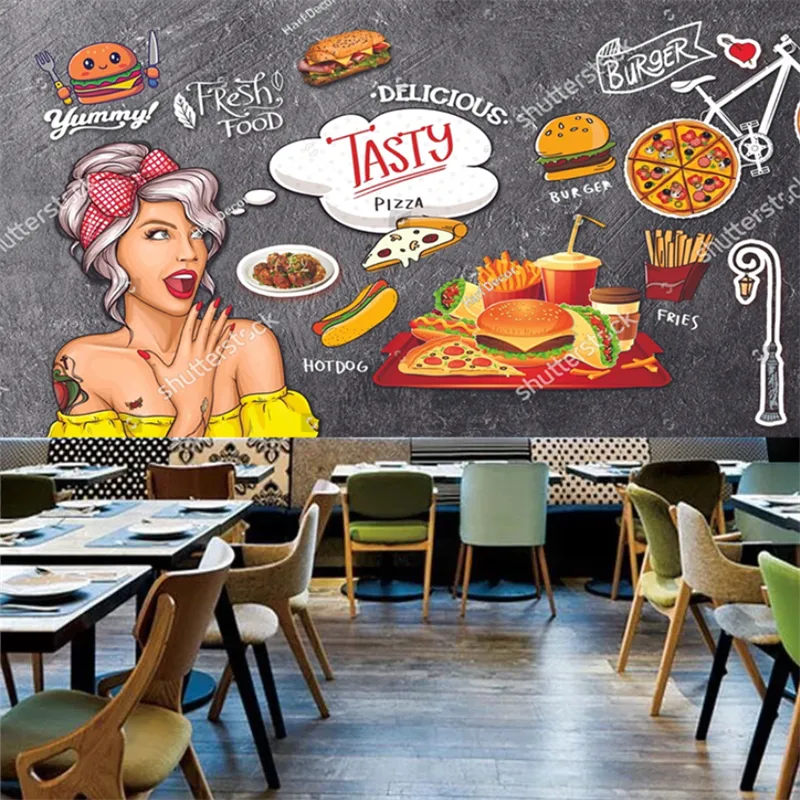 Пользовательский ресторан из быстрого питания фон обои гамбургер пицца роспись с закусками промышленное декор стена бумажная папель tapiz