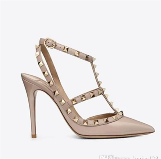 Sliders multicolor Logo letters Designer Pointed Toe Strap with Studs high heels matte Leather rivets Sandals Women Studded Strap5001656