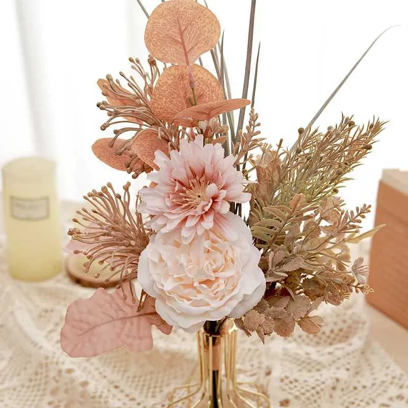 Gedroogde bloemen kunstmatige bloemen pioen boeket pampas champagne big nep rozen huistafel kamer schaar bruiloft decoraties middelpunt