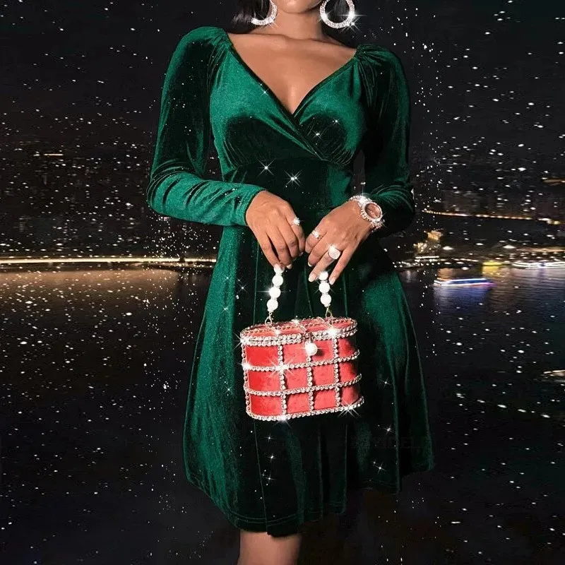 white christmas dresses Christmas Holiday Party Long Sleeve A-line Sexy Mini Dress For Women Fall  Bow Square Collar Pleated Dress Elegant Dresses
