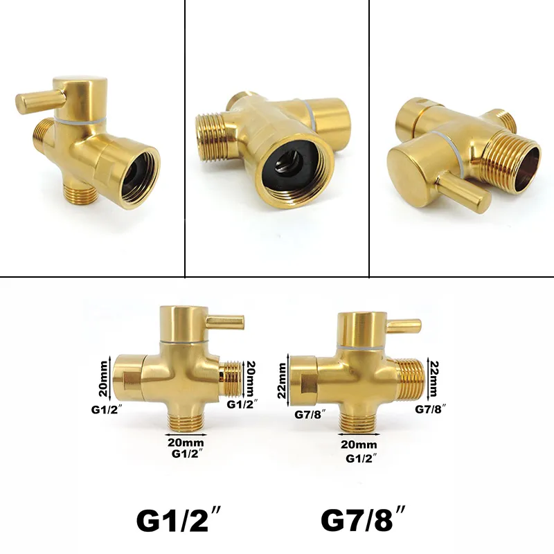 G7/8 "G1/2" T-Adapter Wasserhahn Wasserhahn 3-Wege Gold-Plating Edelosenvalve Diverter Messinger für Toilettenduschkopf Tee