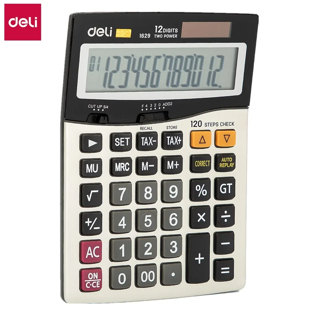 Calculators Deli E1629 Calculator Universal Programmer 120Check Tax Calculators 12 DIGIT BATTERY SOLAR Dual Power Metal Surface Office