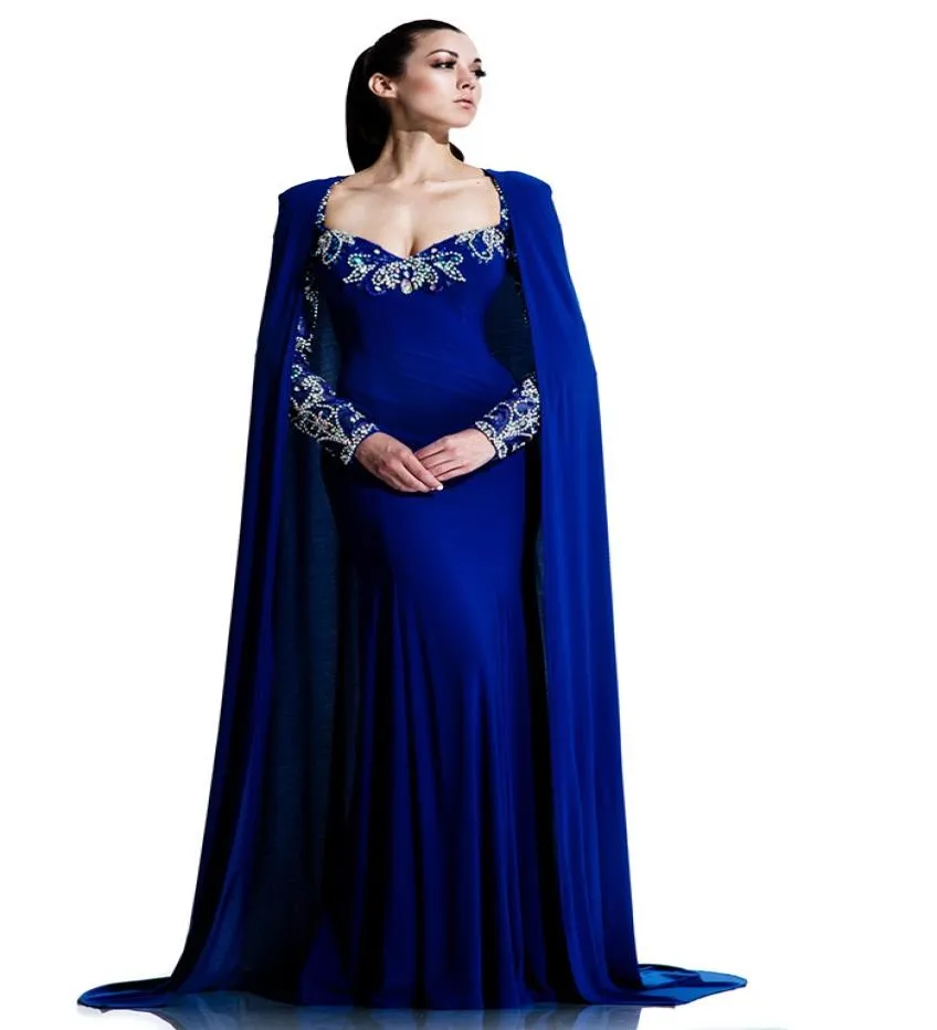 Royal Blue Mermaid Dubai Cape Evening Dress 2021 파티 섹시한 긴 소매 사우디 아라비아 무도회 드레스 스위프 트레인 공식 미인 대회 가운 9242176