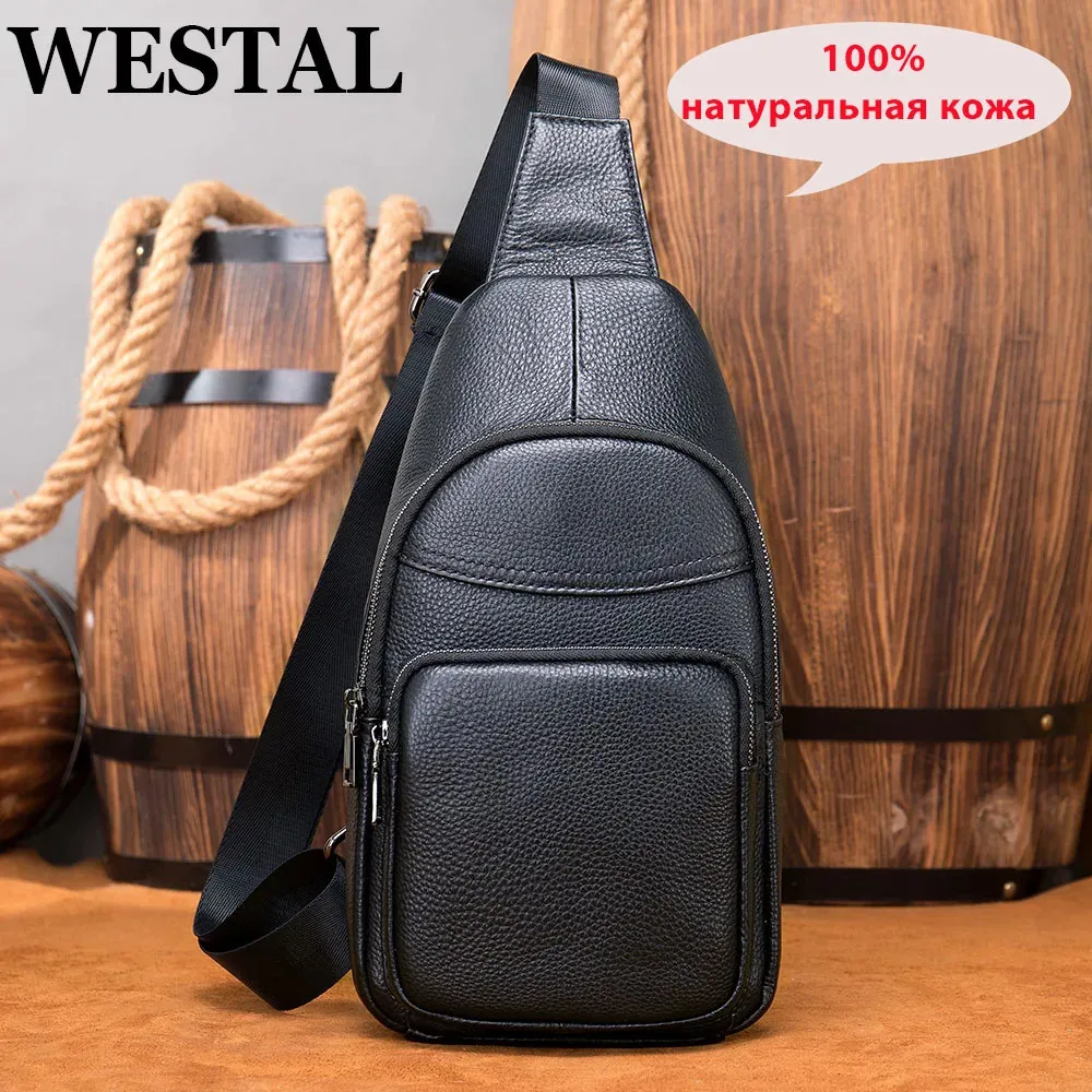 Westal Cow Hide Geothe Suling Sling en cuir Hommes poitrine décontractée Pack de voyage Black Mens Sacs de bancs de créateurs 240407