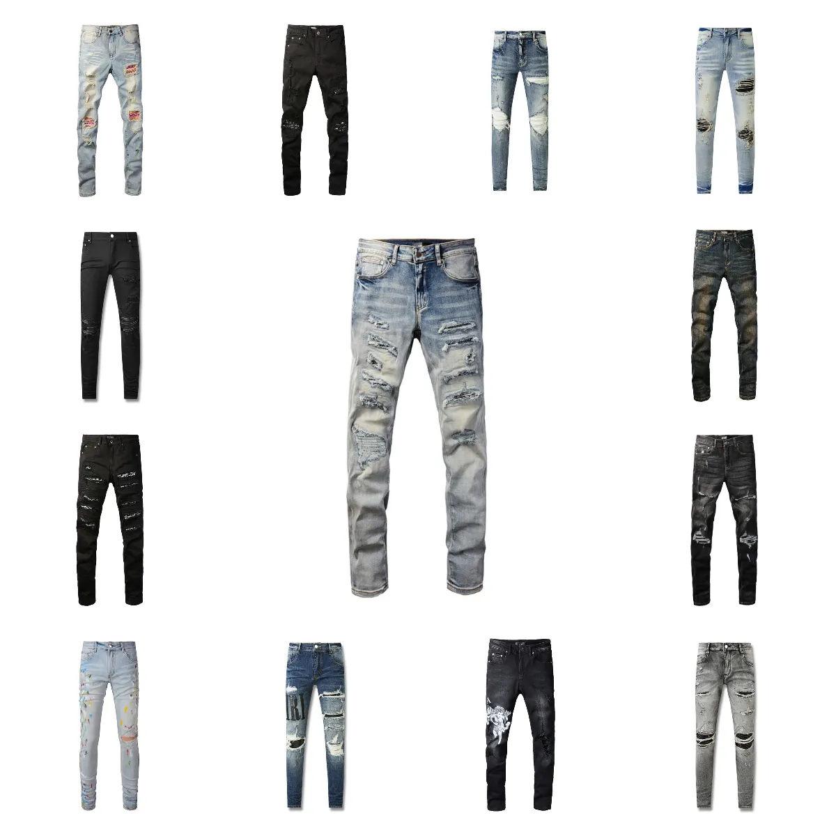 Jeans strappati viola per uomini e donne, High Street Retro Paint Spot Hole Streetwear Denim, pantaloni micro elastici slim codi di jeans per uomo jnco jeans