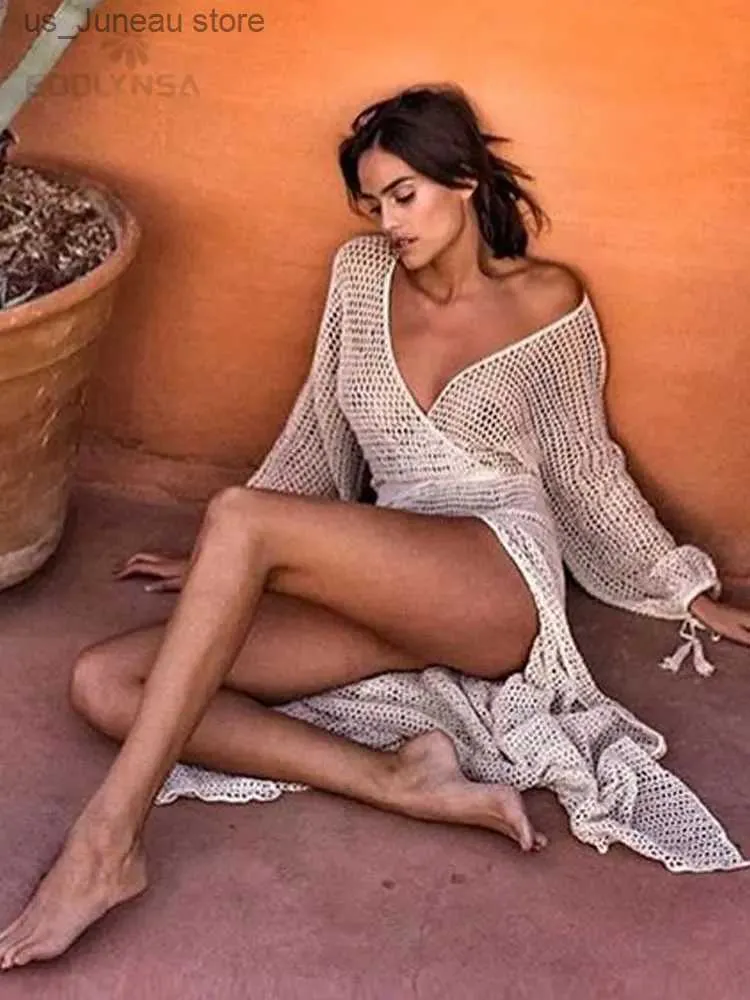 Robes décontractées de base sexy S à travers le slve en maillage blanc Crochet 2024 Femme femme maxi