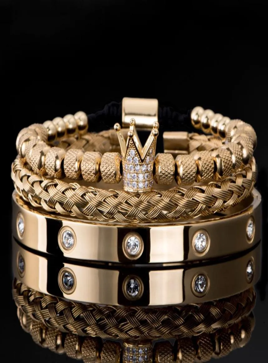 3PCSSET Luksusowy mikro preporał Cz Crown Roman Royal Charm Men Bracelets Bracelets Stal nierdzewne Kryształy Banles para ręcznie robionych biżuterii Prezent1144558