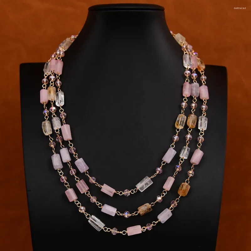 Pendant Necklaces G-G 18'' 3 Rows Natural Multi Color Quartz Tube Cylinder Faceted Stone Beaded Pink Crystal Necklace Strands Jewelry For