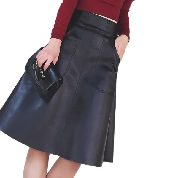 New design fashion women high waist pockets a-line knee length pu leather umbrella skirt plus size XSSMLXLXXL