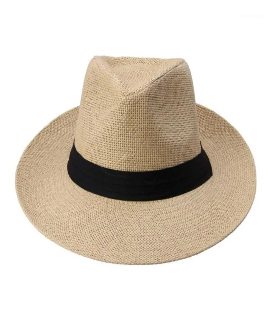 Fashion Summer Casual Unisex Beach Trilby Gran Jazz Jazz Sol Gat Panamá Papel Papel Straw Mujeres Capá con cinta negra17615487