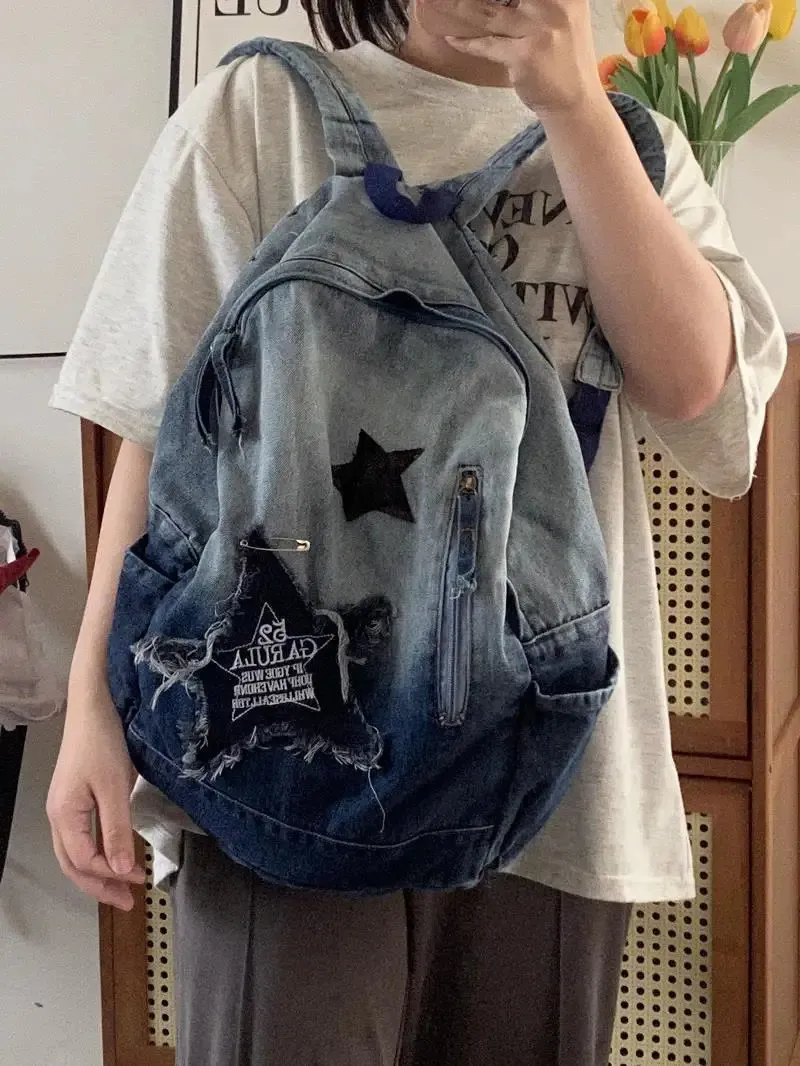 VTG NEW Backpack Denim Patchwork Gift College Boho Retro y2k Large deadstock Amazon.com | Denim Backpack Patchwork Y2K Checkered Plaid  main image 3