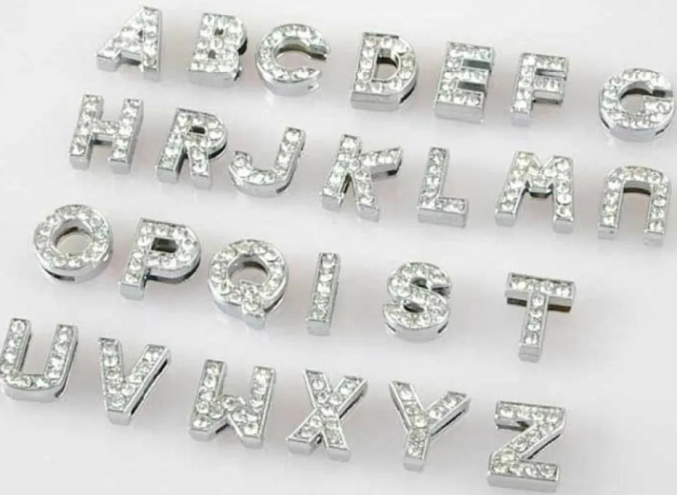 Whole 10mm 130pcslot AZ full rhinestones Slide letters DIY Alphabet Charm Accessories fit for 10mm pet collar keychains3838229