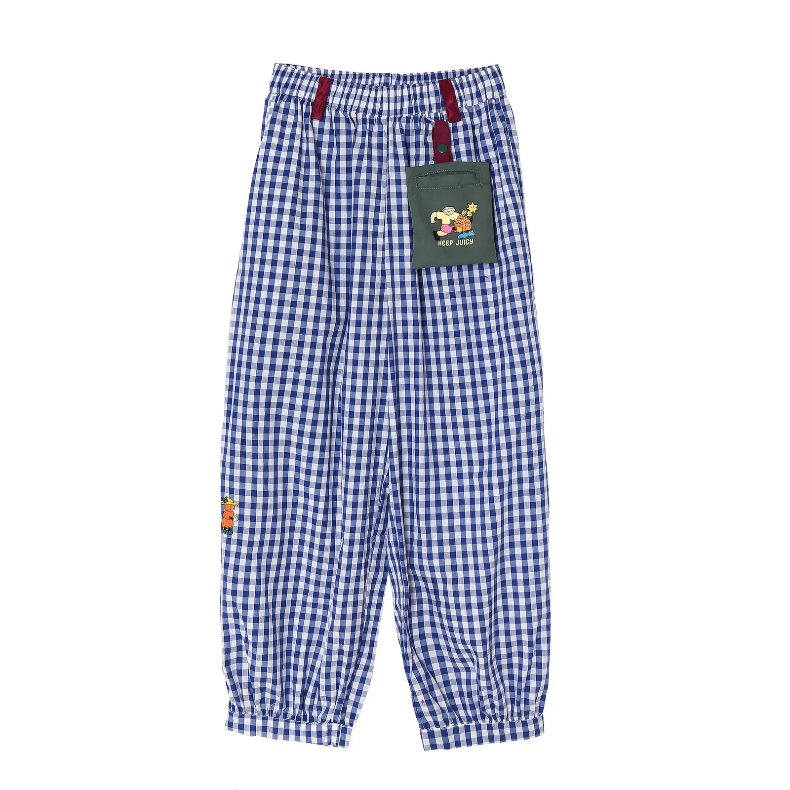 Vår sommar nisch design casual kvinnor byxa capris blå rutig tecknad broderi lekfull preppy stil harem byxor 240412