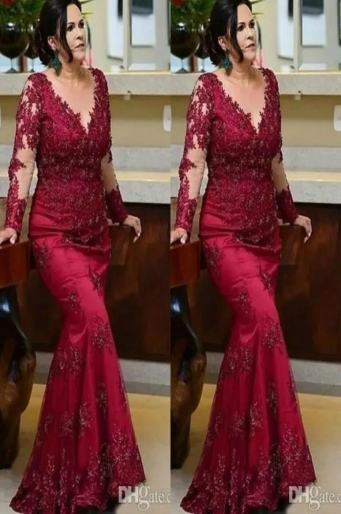 Vintage Burgundy Uzun Kollu Balo Gelin Elbiselerinin Annesi 2022 Artı Beden Dantel Boncuklu Sequin Akşam Kırmızı Halı Resmi Gowns D5323666