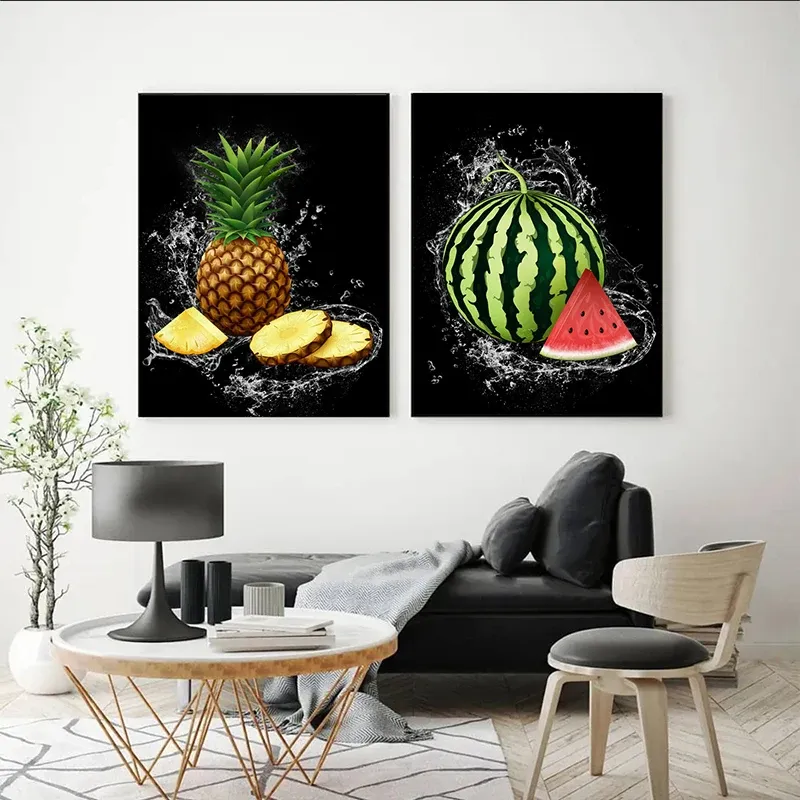 Frutas frescas naturais Splash Poster e impressões de laranjas de morango Pintura de lona pintura de cozinha sala de jantar decoração de decoração de parede