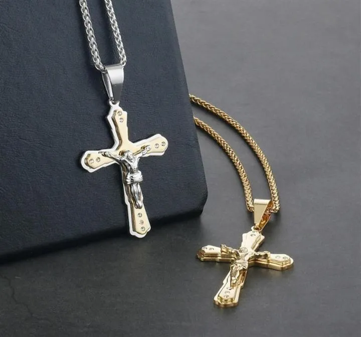 Mode Männer Jesus Schmuck Kristall Kreuz Kruzifix Anhänger Halsketten Edelstahlkette für Männer Gold Farbe Halskette Schmuck262q4456333