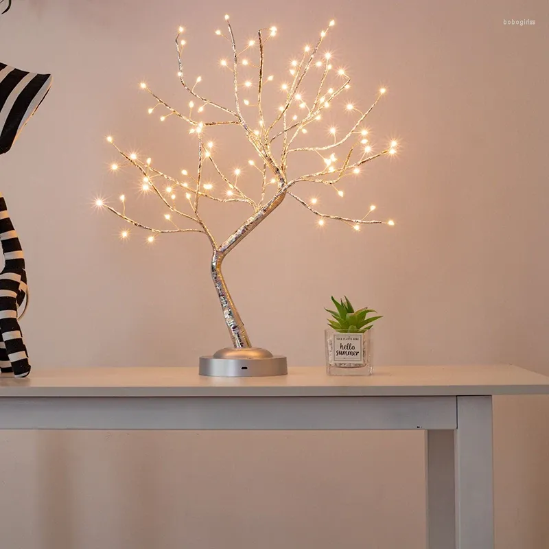 Dekorative Blumen Mini -LED -Weihnachtsbaum -Atificial Pflanzen Nachtlicht Schlafzimmer Kupferdraht Lampentisch Dekor Dekoration Romantiker