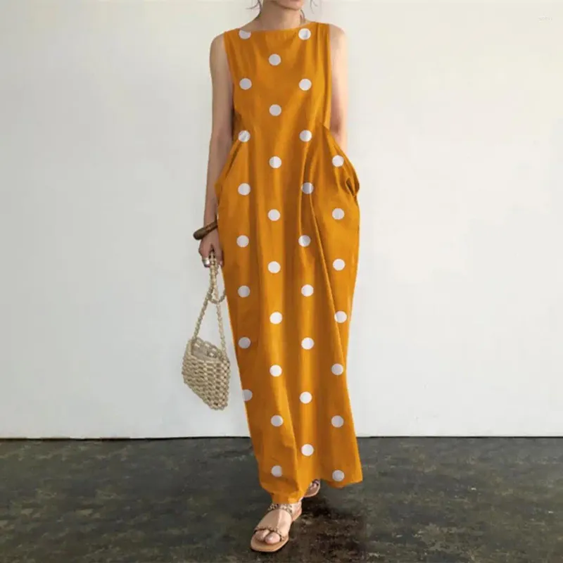 Lässige Kleider Punkt Druck langer Kleid Retro -Stil Sommer Maxi mit O Hals große Taschen für Frauen plus Größe weicher Knöchel