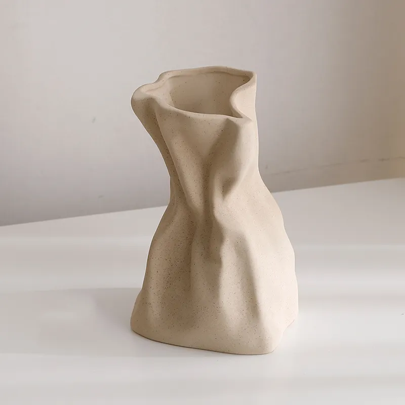 Ceramic Vase Flower Vase Crinkle Paper Bag Shape Ceramic Vase Art Decorative Flower Vase for Wedding, Dinning, Bookshelf