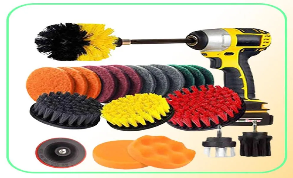 22PcsSet Electric Drill Brush Scrub Pads Kit Power Scrubber Cleaning Kit Cleaning Brush Scouring Pad for Carpet Glass Car Clean 25222040