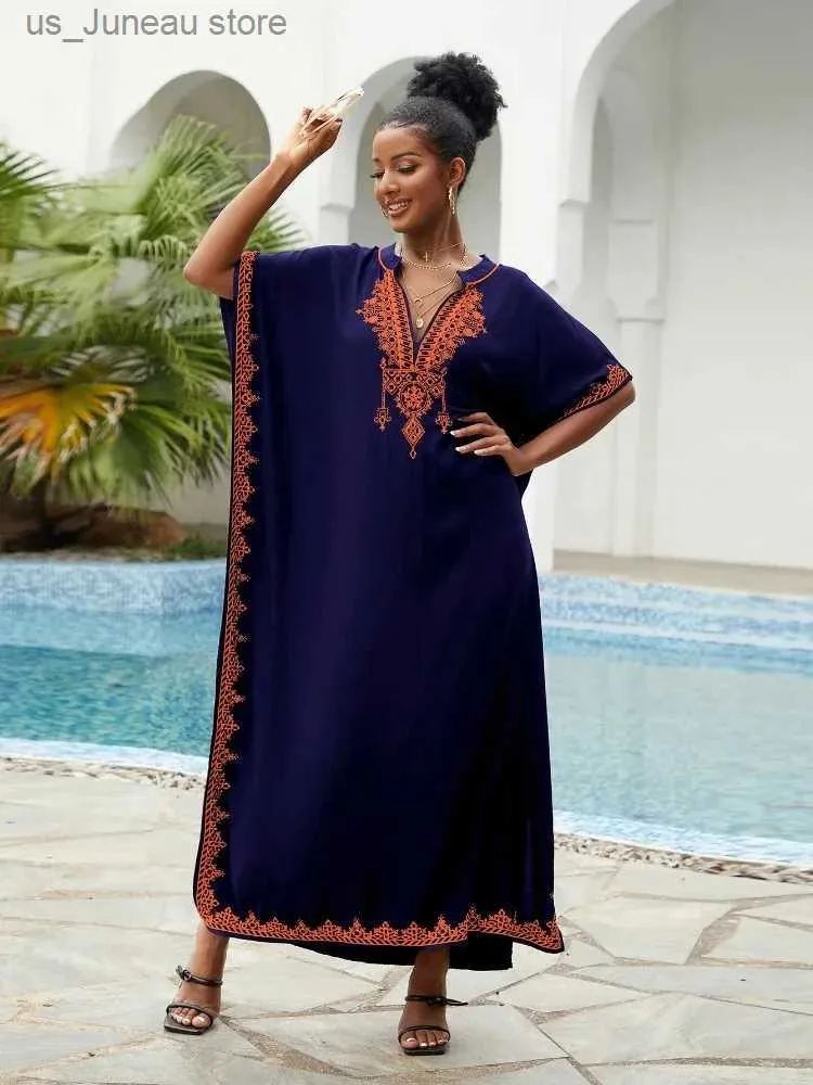 Basis Casual jurken Lorylei Dark Blue staande kraag geborduurd Kaftan dames modieus gewaad Boho feest vakantiehuis gewaad strandjurken Q1545 T240412