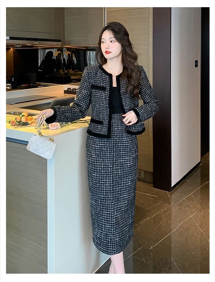 Elegant Womens Vintage French Plaid Suit Jacket Coat Top And Skirt