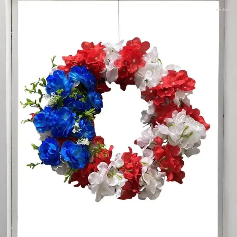 Flores decorativas Independence Day Wreath for Front Door Artificial Floral Patriótico Férias com Branco Vermelho