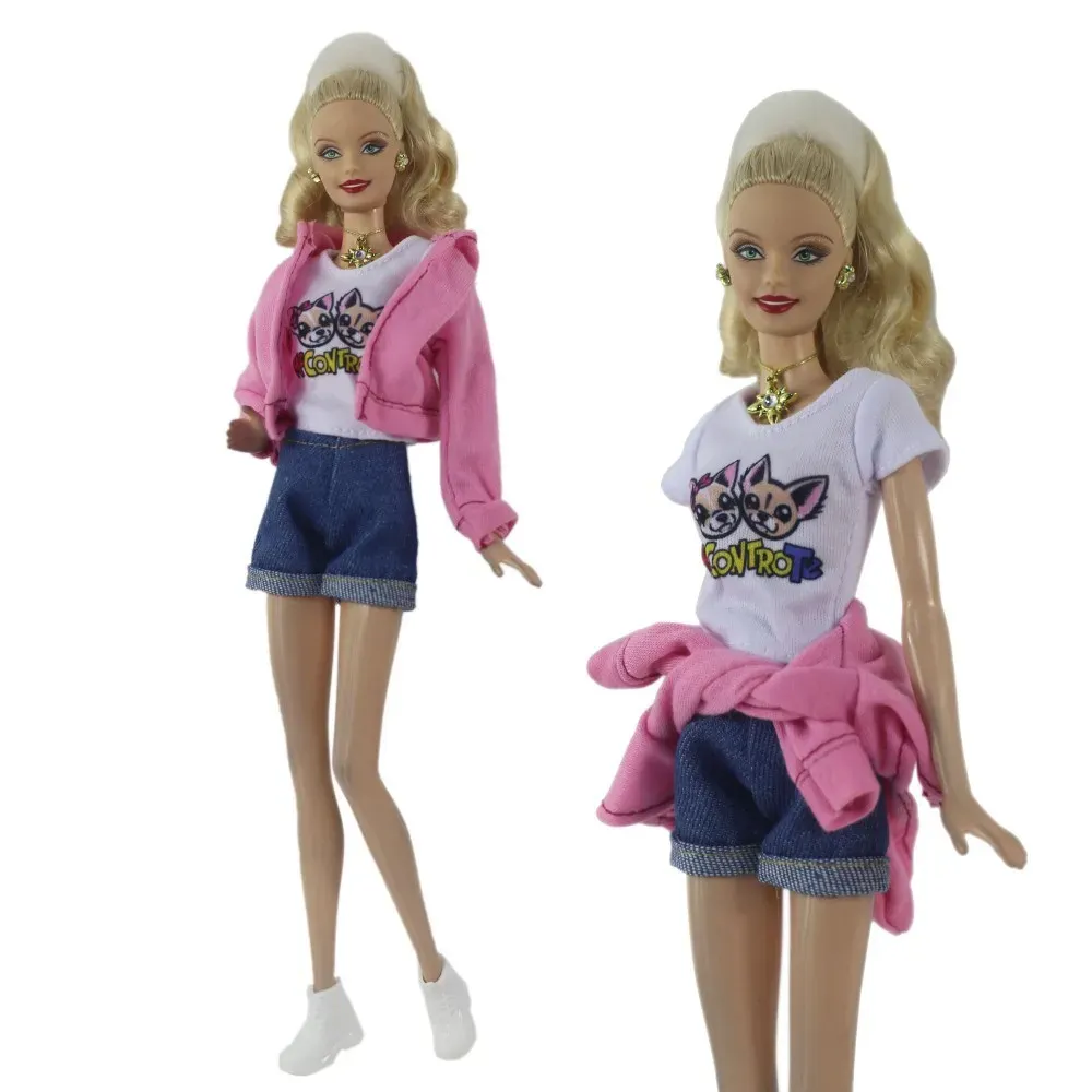2024Barbie Doll Clothes Set: Pink Hooded Coat, Shirt, Shoes, Shorts Outfit  for 1/6 Dolls