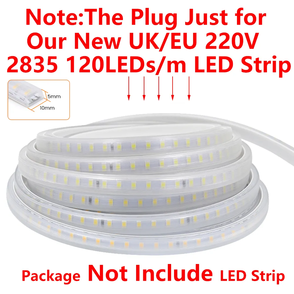 Tappo di alimentazione UE/UK per nuovo AC 220v 2835 120leds/m senza filo 10 mm x 5 mm PCB LED LED LIMINA ALIMENTARE Adattatore di alimentazione