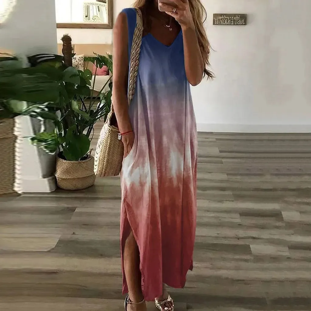 Cotton Maxi Dresses For Women Beach Pocket Long TieDye Sleeveless Dress Print Womens With Sleeves Casual 240412