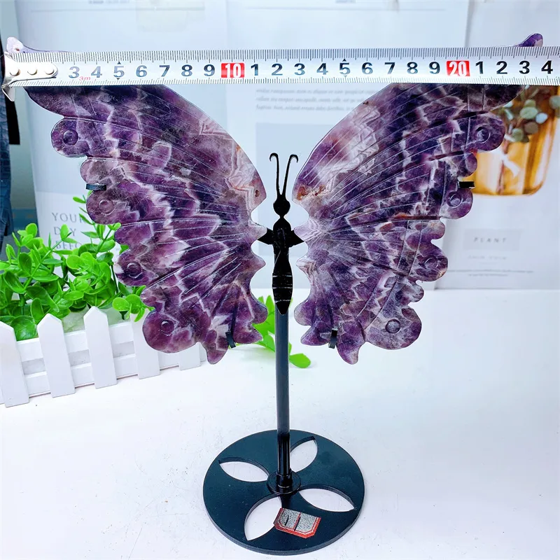 Natural Dream Amethyst Butterfly Wings Crystal Hand snidad polerad staty Healing Energy Gemstone Crafts With Stand