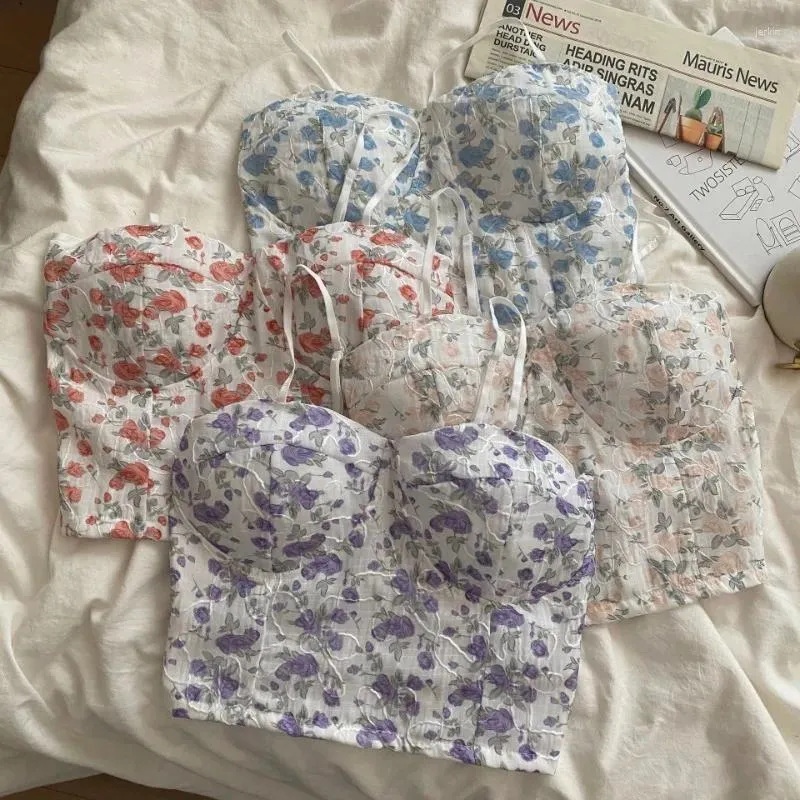 Camisoles Tanks spets Floral veckad bröstkapla sling vacker rygg allt-i-ett fast kopp innerbotten rör topp bh tank kvinnor