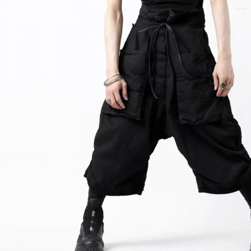 Мужские брюки дизайнер Dark Avant-Garde Style, асимметричный многосайный укороченный черный комбинезон