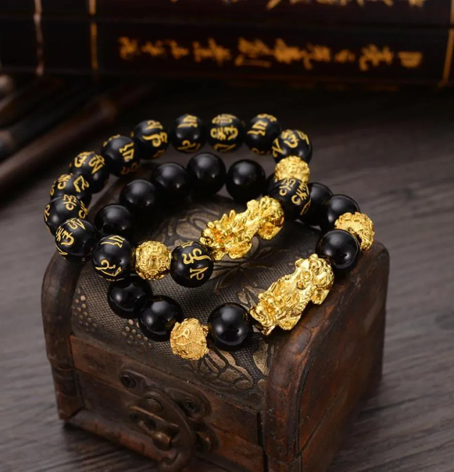 Bankle Feng Shui Obsidian Steinperlen Armband Männer Frauen Unisex Armband Gold Schwarz Pixiu Reichtum und Glücks Glücksbrakelet 14581840